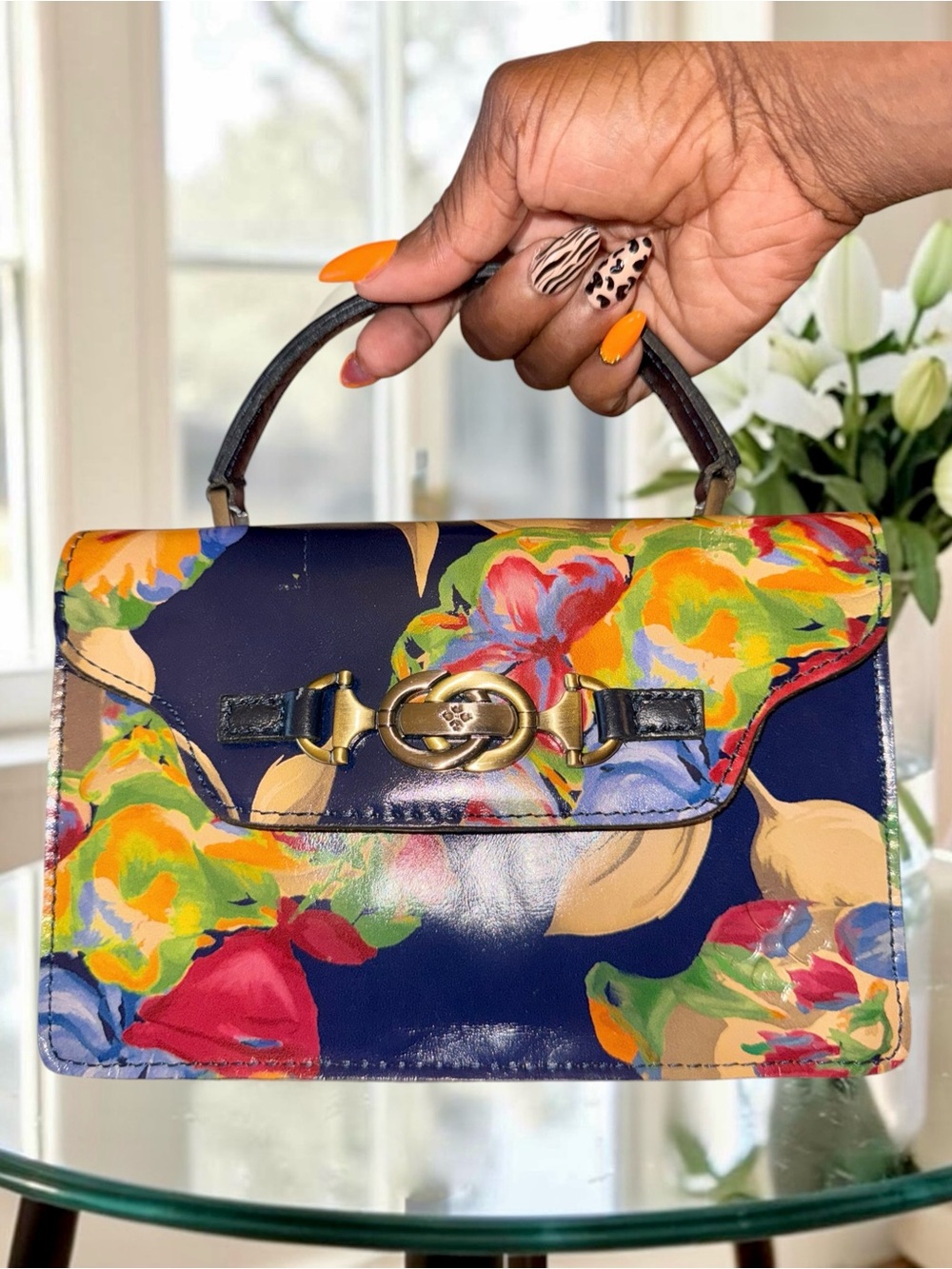 Patricia Nash Porcili Leather Top-Handle Crossbody Bag Le Fleur / Bloom Line EUC